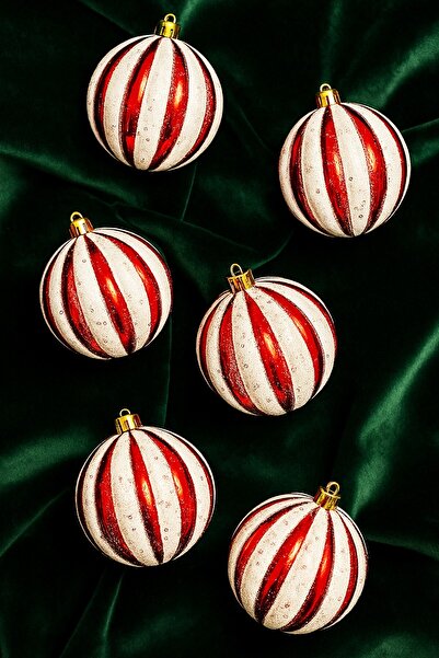 BeySüS Christmas Pine Tree Ornament Red and White Striped Ball 8 cm Set of 6 Luxury