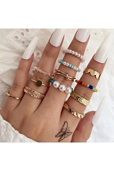 Pursehuit Set de 12 inele, aurii, cu mărgele și perle colorate, Alena C2