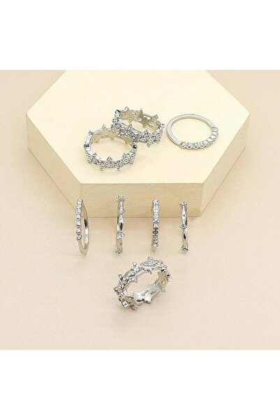 Pursehuit Set de 8 inele, argintii cu pietre, Buster C2