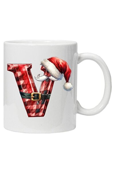 CRD PRINT Personalized Winter Print Mug "Initial V", Model 3, White Ceramic, 330 ml
