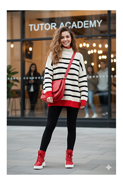 Namaste Vintage Oversized Striped Mock Neck Knitwear Sweater