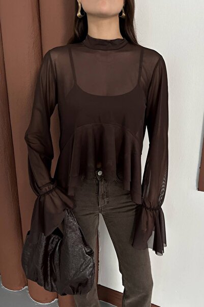 VAGGON Transparent Chiffon Flounce Sleeve Blouse and Strap Tank Top Two-Piece Set