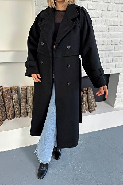 VAGGON Oversized Belted Double Button Long Coat