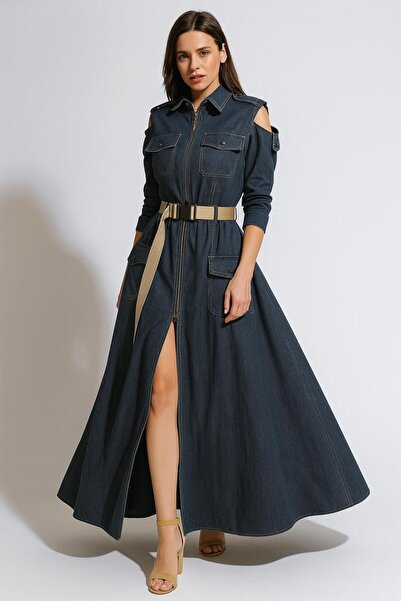 ALYEL NAKER Utility & Fermuar Detaylı Maxi Boy Özel Tasarım Gömlek Elbise
