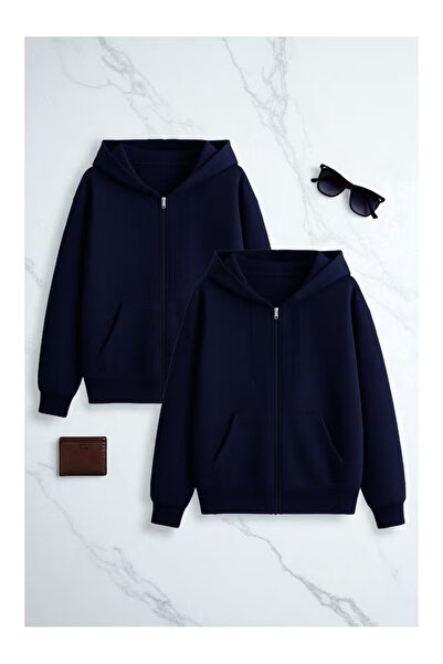 Carlson 2'li Unisex 2 İplik Şardonlu Kanguru Cepli Kapüşonlu Fermuarlı Hırka / Sweatshirt