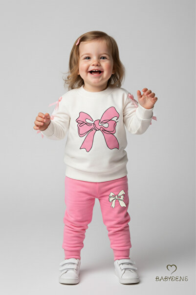 BABYDEN'S Baby Girl 2-Piece Tracksuit Set with Bow, Shoulder Snaps, Side Ribbon Detail, 100% Cotton Transitional Bottom-Top