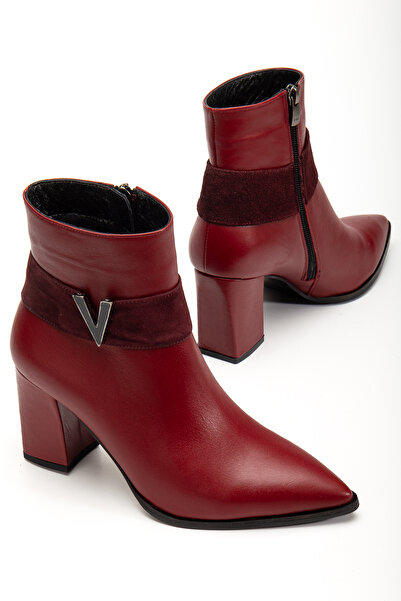 Pier Vino Burgundy Pointed Toe Genuine Leather Boots Thick Heel Fuzzy Sole Stylish Comfortable