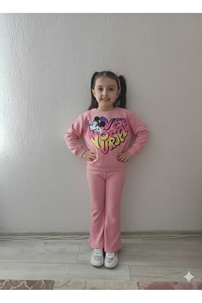 Messinho Yazili Mi̇Nni̇E Printed Slit-Sleeved Flared Leggings 3İPli̇K Without Embroidery Girl's Set