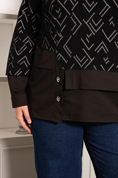 Imagine Giyim Shirt Paneled Black Plus Size Women's Knitted Blouse