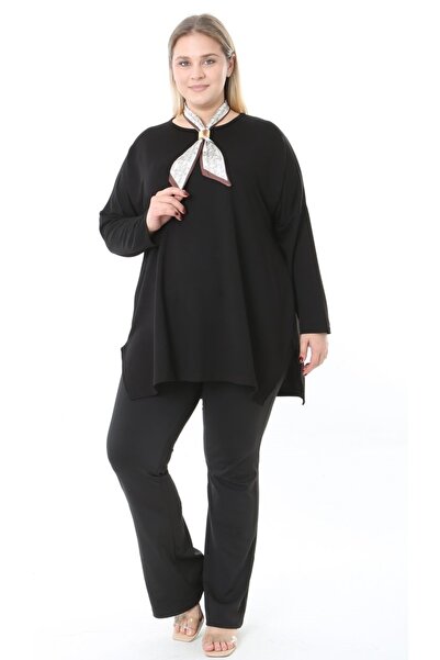 Butik Nilyam Women's Plus Size Crew Neck Long Sleeve Loose Soft Textured Cupra Fabric Scarf Detail Blouse 25082