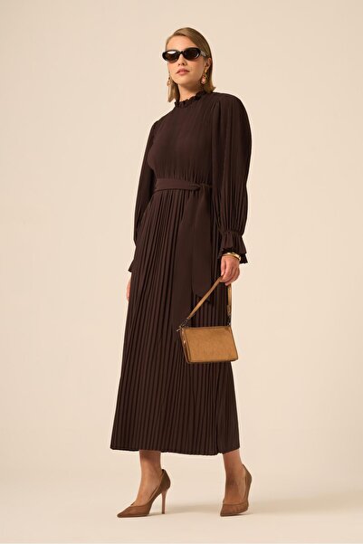 FTZ WOMEN Kadın Plise Şifon Elbise Kahve 31019