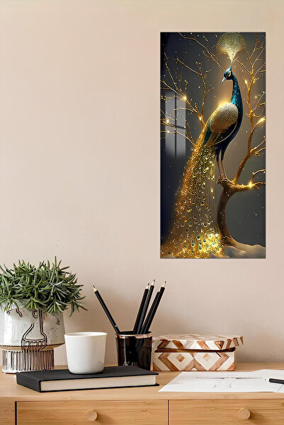 kutuTR 3D Görünümlü Temperli Cam Tablo – Tavus Kuşu Temalı UV Baskı 30x60 cm-...