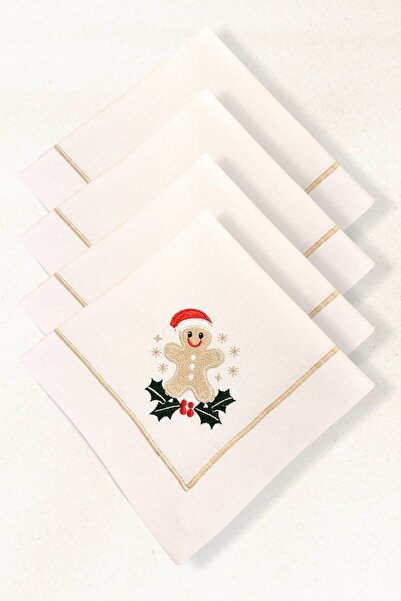 Elegancembroidery Kurabiye Nakışlı Leke Tutmaz Kumaş Peçete Seti (4’lü) – 45X45 cm | Yılbaşı Sofra Seti