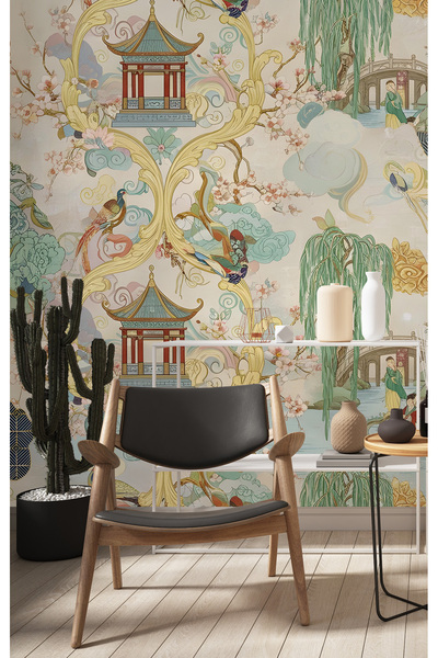 Tasarım Pastel Chinoiserie Peyzaj Duvar Kağıdı Poster | Kuşlu Pagodalı Uzakdo...