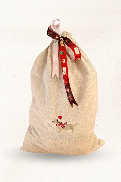 Elegancembroidery Keten Kumaş Yılbaşı Hediye Kesesi – Köpek Desenli Kese - 30...