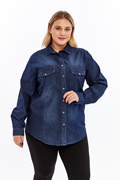 Imagine Giyim Soft Denim Fabric Navy Blue Plus Size Women's Shirt