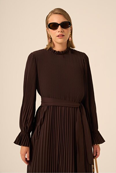 FTZ WOMEN Kadın Plise Şifon Elbise Kahve 31019