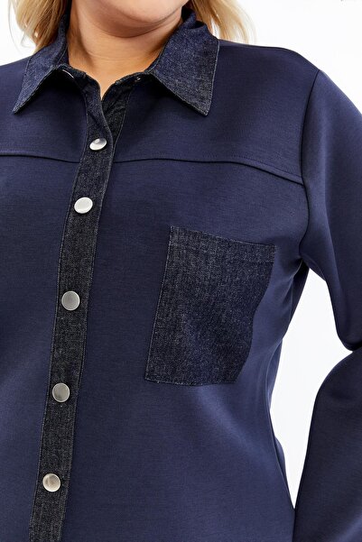 Imagine Giyim Denim Paneled Navy Blue Plus Size Women's Shirt Jacket