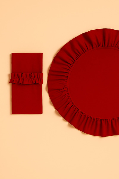 Mirilliahome 12-Piece Red Raw Linen Tableware Set – Ruffled American Dinner Plate and Cutlery/Spoon Holder