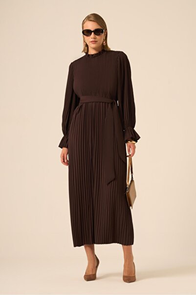 FTZ WOMEN Kadın Plise Şifon Elbise Kahve 31019