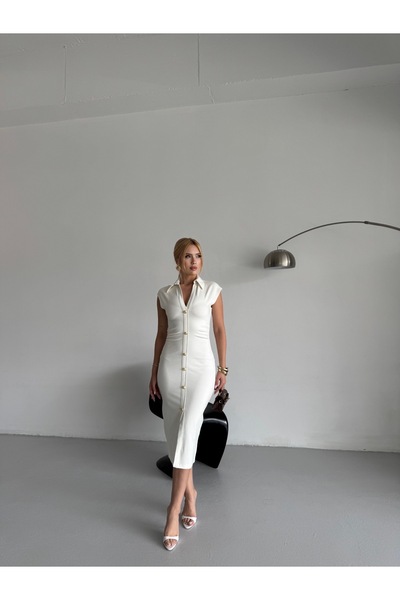 inmuse Gold Düğmeli Büzgü Detaylı Beyaz Kalem Elbise