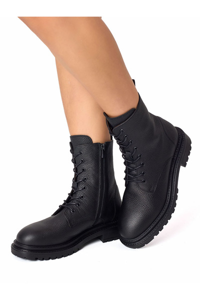 RUJO Черни дамски ботуши с цип и връзки от естествена кожа Flotter