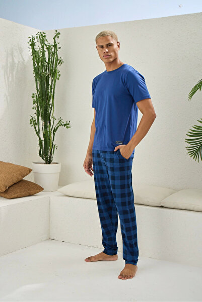 ALFA AKSESUAR 03 Kly Short Sleeve Six Checkered Capucina Color Summer Men's Pajama Set