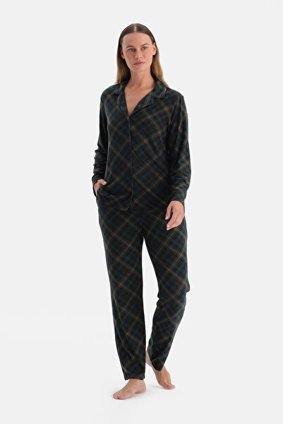 Dagi Dark Green Plaid Thermal Shirt Pants Pajama Set