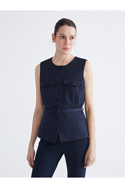 LC Waikiki Navy Blue Crew Neck Women's Vest with Belt at the Waist