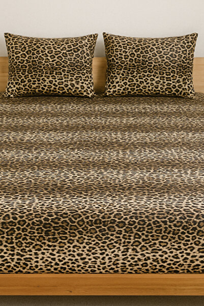 XVA Leopard Pattern Double Fitted Elastic Sheet Set 180X200 cm with Cover Pil...