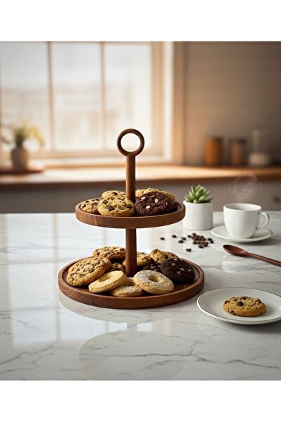 maisone home Akasya Ağacı 2 Katlı Sunumluk Doğal Ahşap Servis Standı Kurabiye, Kahvaltılık, Çerez & İkram Sunum