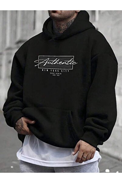 LAVİTTA Authentic New York City Printed Unisex Black Oversized Hooded Hoodie