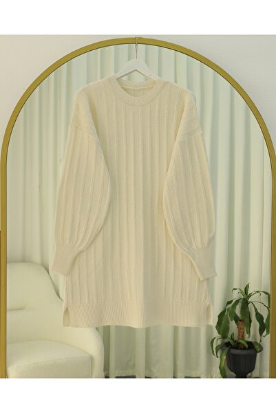 Modamorfo Corded Fabric Slit Yumoş Knitwear Tunic - Cream