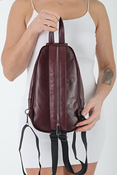 By EDUU Women's Small Backpack Model Red Genuine Leather Crossbody and Backpack