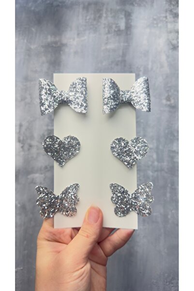 Toka Perisi Gray / Silver Stella Glitter Bow Heart Butterfly (Metal 5cm / 3cm with Clip 6-Piece Set)