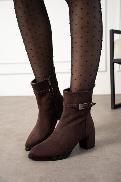 dabab shoes Lunara Women's Brown Suede Buckle Heeled Short Boots Bootie