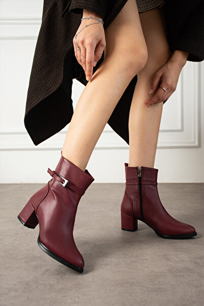 dabab shoes Astraya Women's Burgundy Buckle Heeled Short Boots Stylish Winter Boots Bootie