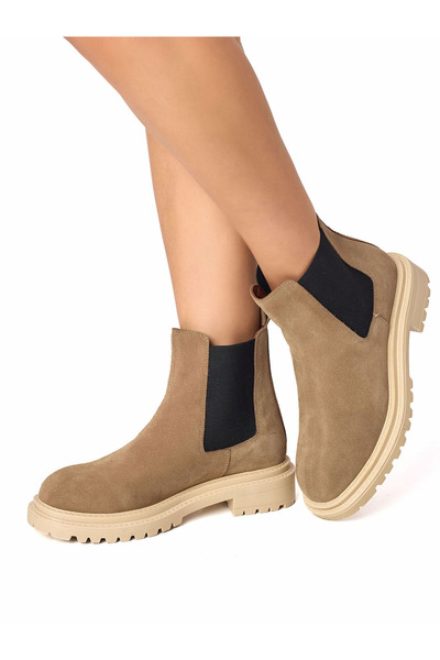 RUJO Γυναικείες μπότες Chealsea από γνήσιο δέρμα σουέντ σε χρώμα άμμου με ελα...