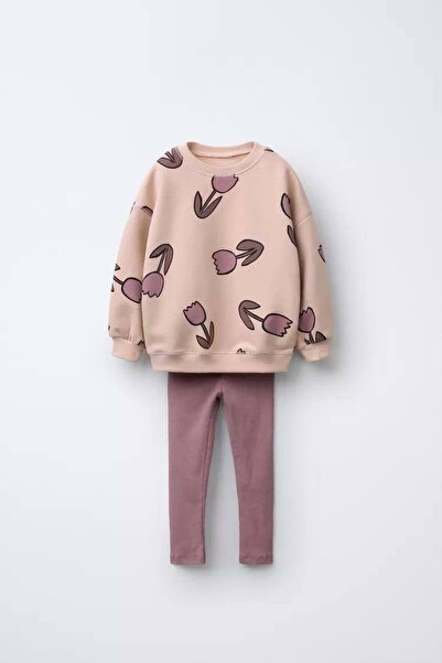 LUCCO Tulip Printed Tights 3 Yarn Non-Fourthed Bottom Top Girl's Set