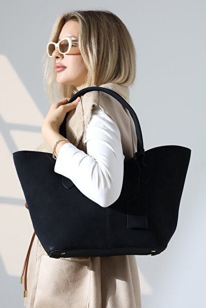 BALANZ حقيبة نسائية سوداء من جلد النوبوك كبيرة الحجم بسحاب وحقيبة يد