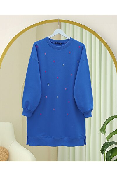 Modamorfo Round Neck Heart Patterned Combed Cotton Tunic - Blue