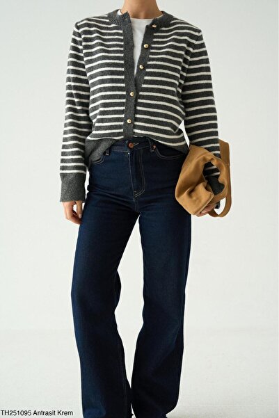 CADDELAMODA Women's Gold Buttoned Striped Cardigan