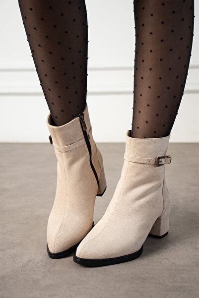 dabab shoes Lunara Women's Beige Suede Buckle Heeled Short Boots Bootie