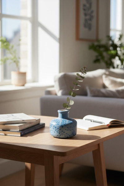 BELLATRİX ATÖLYE Mavi Yaprak Dallı Desenli Yuvarlak Gövdeli Mini Vazo 7,5 cm ...