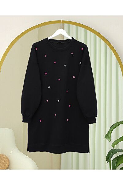 Modamorfo Round Neck Heart Patterned Combed Cotton Tunic -Black