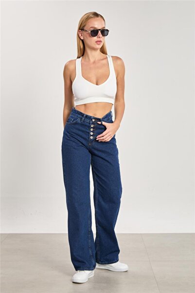 BARRELS AND OIL Women's Five Button Palazzo Jean Pants - Blue