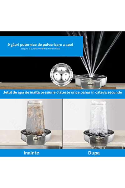 algoshop Glass rinsing device, Quick washing kit under water pressure jet, Rinser with 9 spray holes, Inox