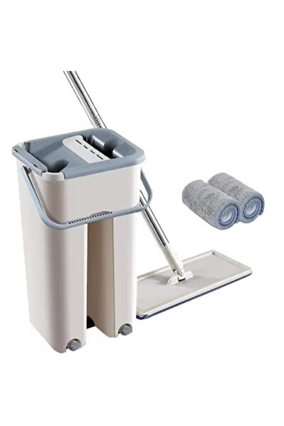 stuffix mop set with bucket, microfiber, separate wash and dry compartments, Grey/White, 2 mop pads