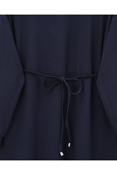Modamorfo Μακρύ χτενισμένο βαμβακερό φόρεμα με στρογγυλή λαιμόκοψη και ζώνη - Navy