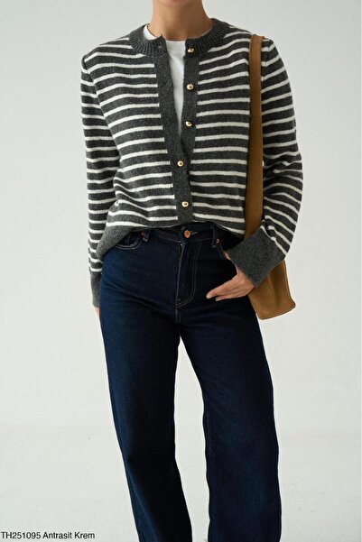 CADDELAMODA Women's Gold Buttoned Striped Cardigan